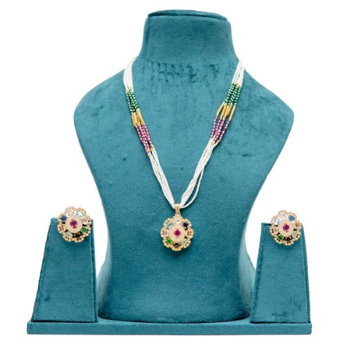 Pearl Beaded Long Necklace Set with Colour Stone Pendant
